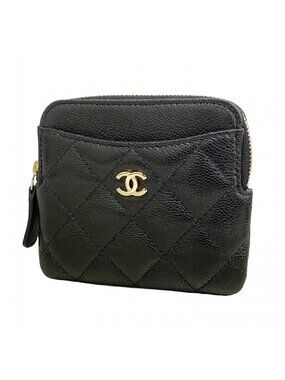 Chanel Coin Case Quilted Caviar Leather Black Champagne Gold